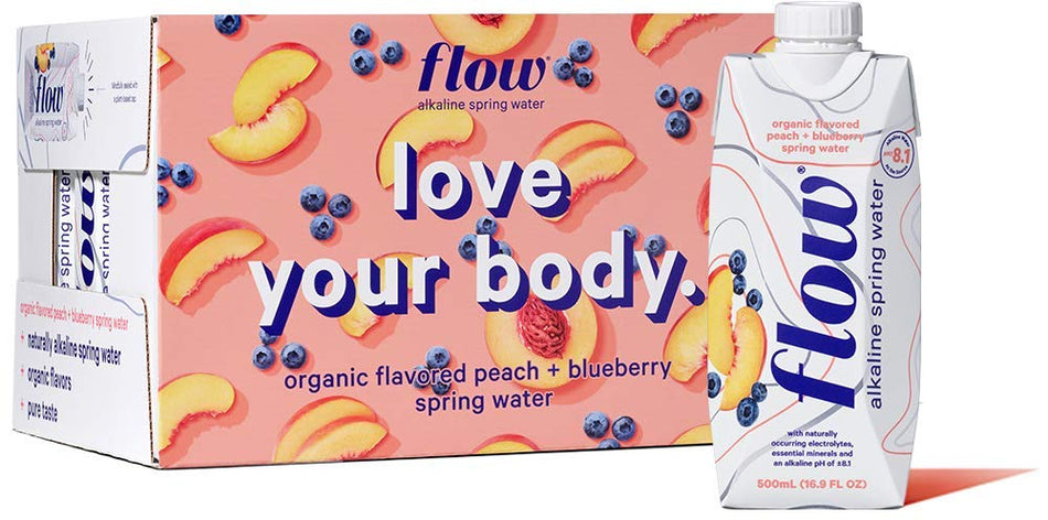 Flow Alkaline Spring Water, Organic Peach + Blueberry, 100% Natural Alkaline Water, pH 8.1, Electrolytes + Essential Minerals, Eco-Friendly Pack, 100% Recyclable, BPA-Free, Non-GMO, Pack of 12 x 500ml
