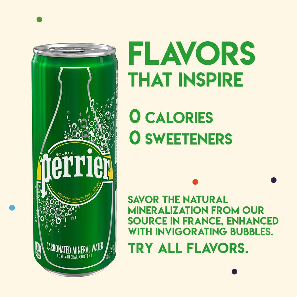 Perrier Carbonated Mineral Water, 8.45 fl oz. Slim Cans (30 Count) (zero calories or sweeteners)