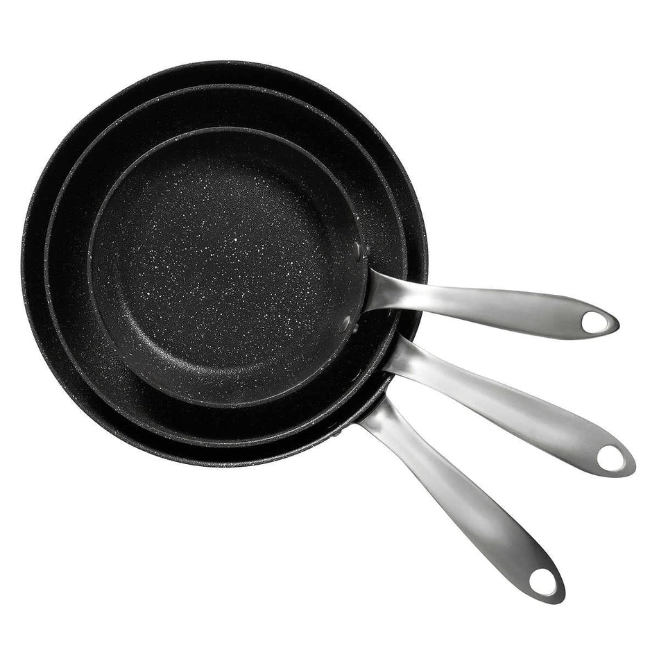 The Rock Skillet Set with Riveted Stainless Steel Handles for a Safe Grip & Forged Aluminum Base for Optimal Heat Distribution, 3-Piece Set