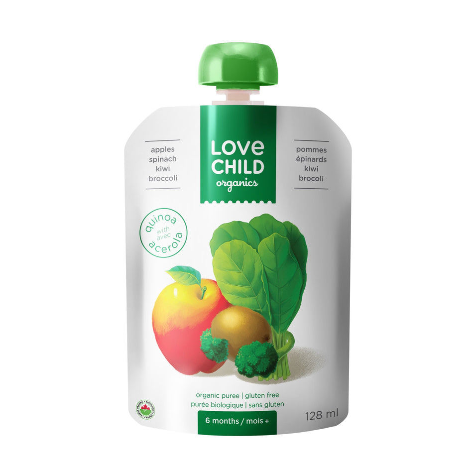 Love Child Organics Apples, Spinach, Kiwi & Broccoli Puree Pouches with Quinoa 6m+ (Pack of 12)