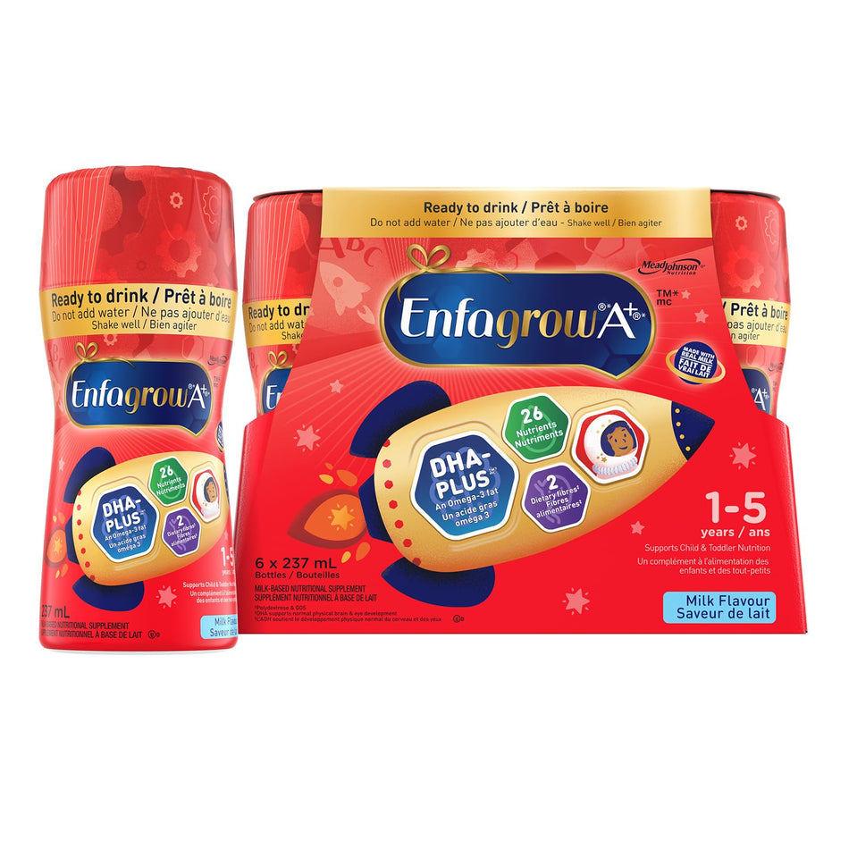 Enfagrow A+, Toddler Nutritional Drink, Ready To Drink Bottles, 26 Nutrients, Milk Flavour, with Brain Building DHA a type of Omega-3 fat, (Packaging may vary),237ml x 6 count