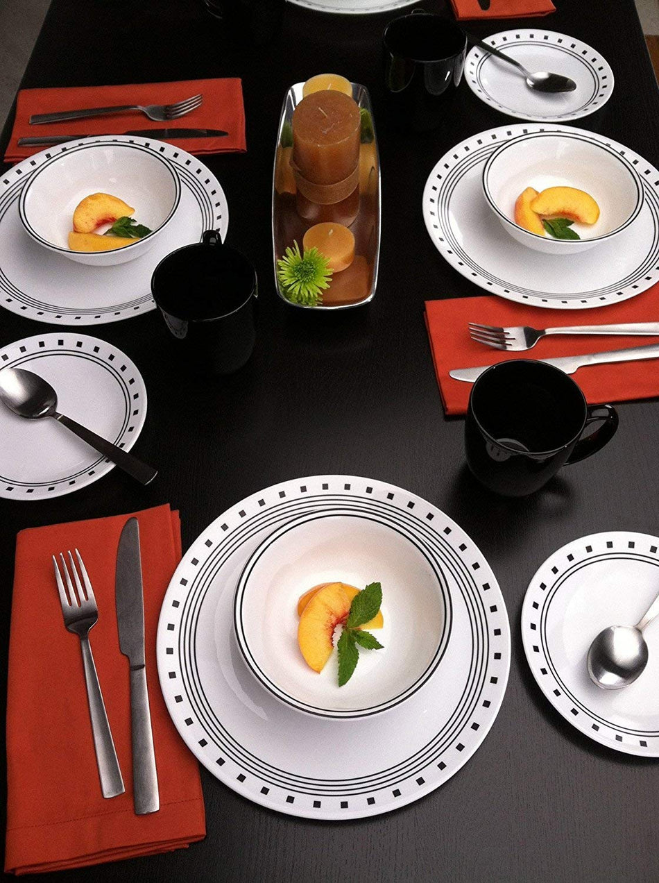 Corelle Vitrelle Glass 12-Piece City Block Chip and Break Resistant Dinner Set, Black - 3990B