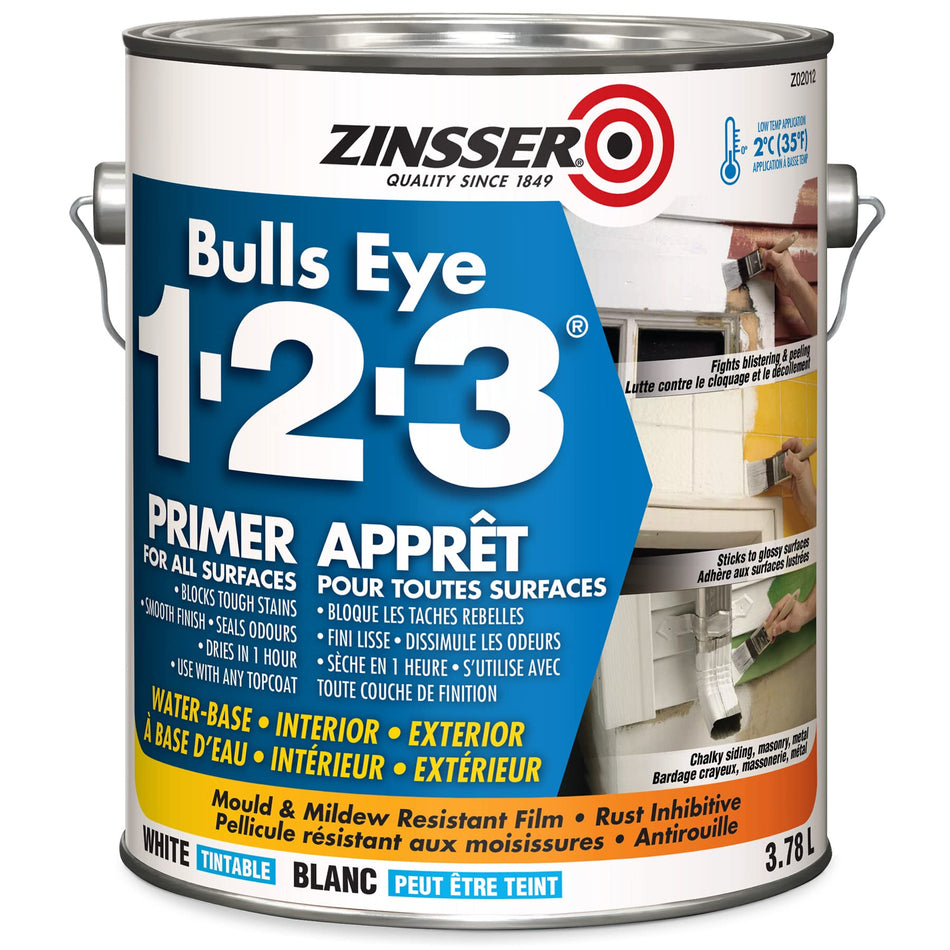 Bulls Eye 1-2-3 Water-Base Primer for All Surfaces in Tintable White, 3.78L