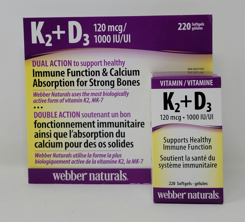 Webber Naturals K2 + D3 120 mcg/1000 IU, Supports Healthy Immune Function - 220 softgels