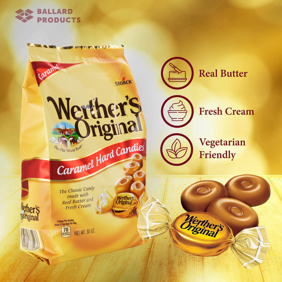 Werthers Original Hard Candy Caramels Pack of 2 - Bulk Bags of Hard Candy Individually Wrapped (30oz Each) - Bundle with Ballard Products Pocket Bag