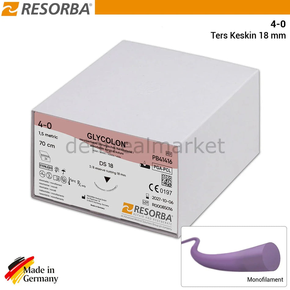 DentrealStore - LuxSutures Resorba Glycolon Absorbable Monoflament Suture 4/0 - Reverse Cutting Needle