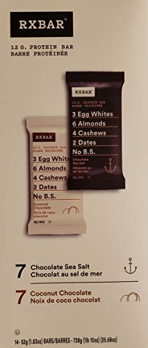 RXBAR Whole Food Protein Bars, 14 X 52 Grams, 7 Chocolate Sea Salt and 7 Coconut Chocolate, Gluten Free,14 Count