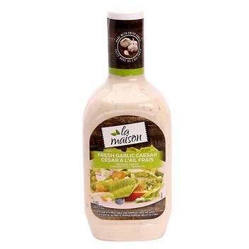 La Maison Fresh Garlic Caesar. Made with Fresh Garlic, Aged Parmesan Cheese and Lemon. Each 1.4 litres 2 Packs Total 2.8 litres