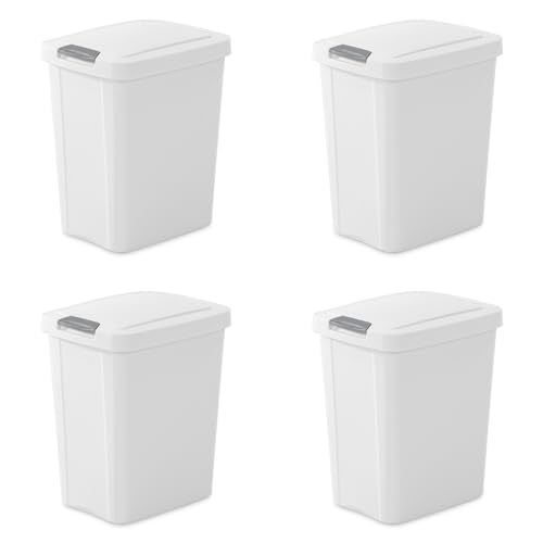 Sterilite 10459004, 13 Gallon Touch-Top Wastebasket, 4-Pack, Black with Titanium Latch