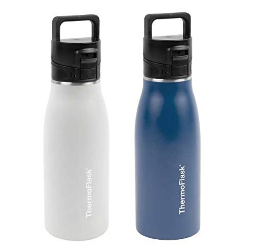 ThermoFlask 17oz Hot & Cold Double Walled Insulated Travel Mug w/Leak Proof Flip Top 2pk (White & Blue)