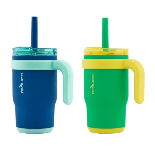 Reduce 14oz Coldee Tumbler with Handle for Kids Leakproof Insulated Stainless Steel Mug with Lid & Straw Keeps Drinks Cold up to 18 Hrs – BPA-Free and Spill Proof Chew-Resistant Straw 2 Pack