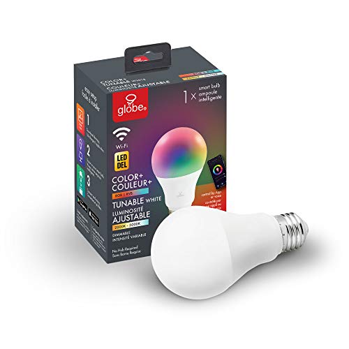 Globe Electric Wi-Fi Smart 10 Watt (60W Equivalent) Multicolor Changing RGB Tunable White Dimmable Frosted Led Light Bulb, No Hub Required, Voice Activated, 2000K - 5000K, A19 Shape, E26 Base 34202