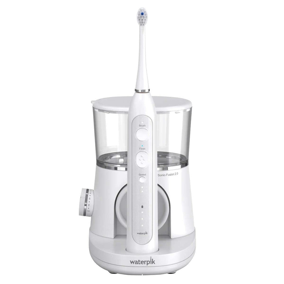 WaterPik Sonic-Fusion 2.0 Brush + Floss Electric Toothbrush with 1 base + 1 handle + 8 brush heads & covers + 1 travel case (White)