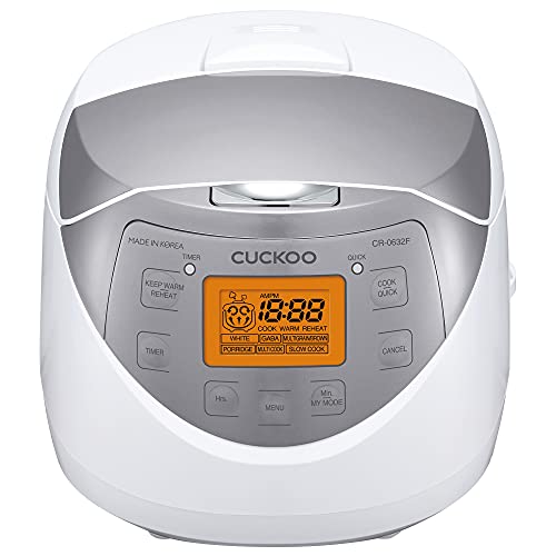 Cuckoo CR-0632F Multifunctional & Programmable Electric Rice Cooker, Intelligent Cooking Algorithm, 6 Cups (Uncooked) - 12 Cups (Cooked), Made in Korea, White/Silver