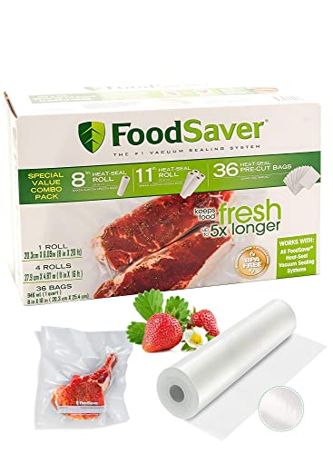 FoodSaver B005SIQKR6 Special Value Vacuum Seal Combo Pack 1-8" 4-11" Rolls 36 Pre-Cut Bags, 1Pack, Clear