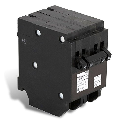 Schneider Electric CHOMT1515220CP Homeline Single Pole 15 Amp x 2 / Double 20 Amp Quad Plug-On Circuit Breaker, Black