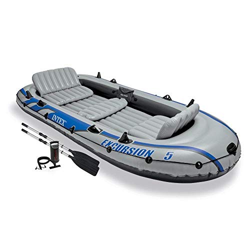 INTEX 68325EP Excursion Inflatable Boat Set: Includes Deluxe 54in Aluminum Oars and High-Output Pump – 5-Person – Adjustable Seats with Backrest – Fishing Rod Holders – 1100lb Weight Capacity