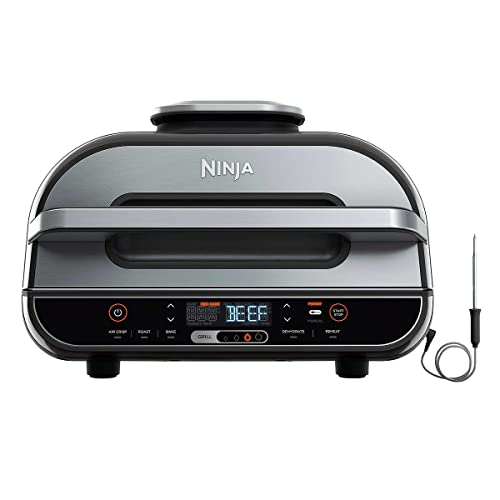 Ninja BG550CO Foodi Smart XL 6-in-1 Indoor Grill with Air Fry, Roast, Bake, Reheat & Dehydrate, Smart Thermometer, Black/Silver