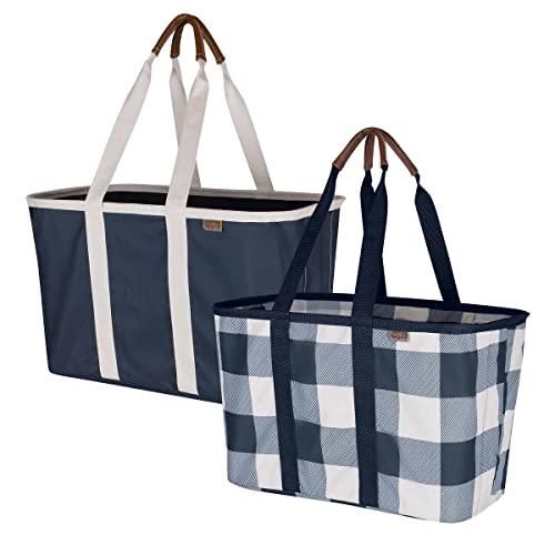 CleverMade Collapsible Fabric Laundry Baskets - Foldable Pop-Up Storage, Pack of 2 (Dark Blue/ White check)