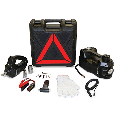 Hyperion Lift-Assist Emergency Roadside Tire Changing Kit: 12V 3-Ton Electric Hydraulic Floor Jack, Tire Inflator Pump & Electric Impact Wrench, 250 Max Torque - for Car, Truck, SUV - 043-1002-HY-WH