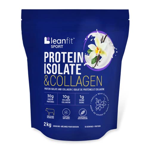 LEANFIT SPORT PROTEIN ISOLATE & COLLAGEN, Natural Vanilla, Grass-Fed Isolate Protein and 100% Hydrolyzed Bovine Collagen Powder (Type I, III), Gluten-Free, Low Carb, 30g Protein and 10g Collagen Per Serving, 57 Servings, 2kg Tub