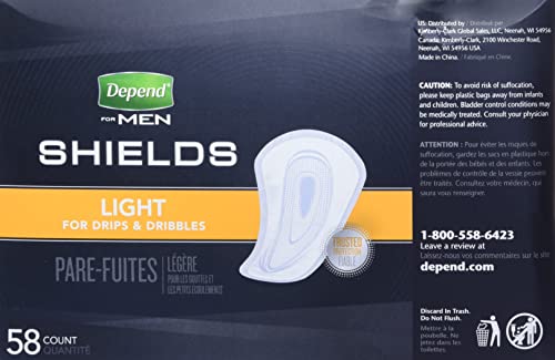 Depend Incontinence Shields for Men, Light Absorbency Disposable Pads, 58 Count