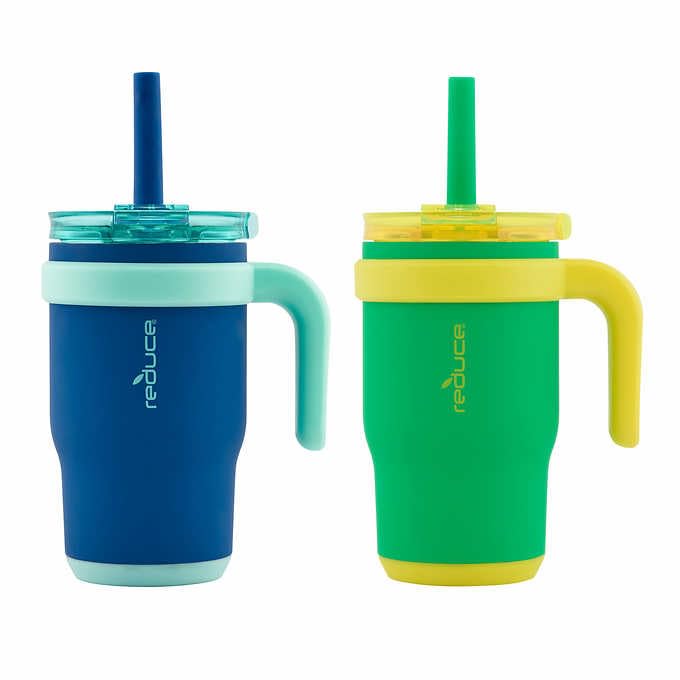 Reduce 14oz Coldee Tumbler with Handle for Kids Leakproof Insulated Stainless Steel Mug with Lid & Straw Keeps Drinks Cold up to 18 Hrs – BPA-Free and Spill Proof Chew-Resistant Straw 2 Pack