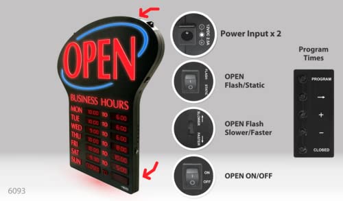 Newon Led Open Sign with Programmable Business Hours and Flashing Effects, Red/Black-6093