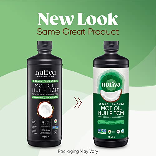 Nutiva Organic MCT Oil, Unflavored, 946 mL | Organic, Non-GMO, Non-BPA | Vegan, Gluten-Free, Keto & Paleo | 14g MCT per Serving & Neutral Flavor for Energy Boost to Coffee, Shakes and Salads