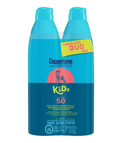 Coppertone Kids Sunscreen Continuous Spray Spf 50 Duo Pack (2 X 222 ml.), Hypoallergenic Sun Protection for Children, Water Resistant Face and Body Spray for Kids, 444 ml.