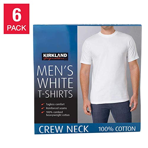 6 Pack Kirkland Signature Men's Crew Neck T-Shirts 100% Cotton Tagless - White