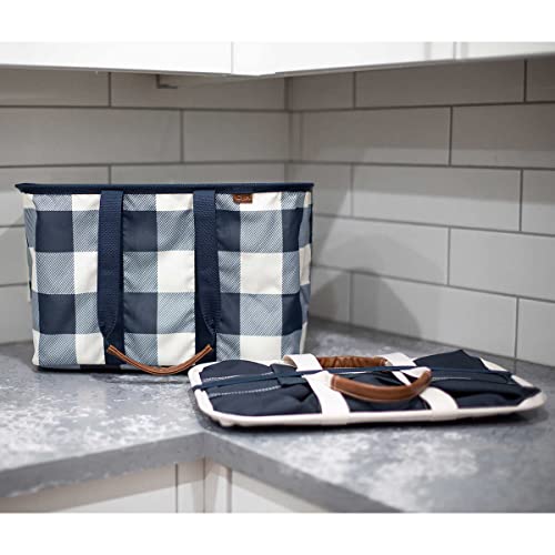 CleverMade Collapsible Fabric Laundry Baskets - Foldable Pop-Up Storage, Pack of 2 (Dark Blue/ White check)