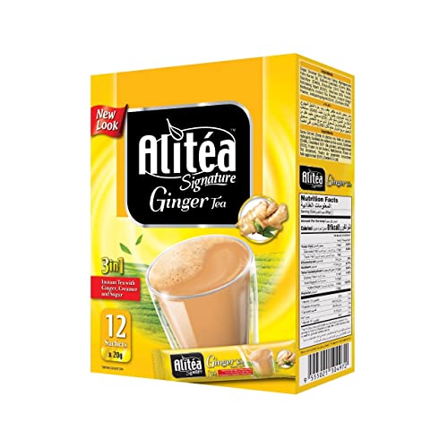 ALITEA Signature Ginger Premix Instant Tea 3 in 1, (12 Sachets x 20gms)- 240gms, Karak Tea, Chai Masal, Malaysian Tea, Arabic Tea, Indian Tea
