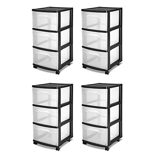 Sterilite 28309001K 3 Drawer Rolling Caster Wheel Home Organizer Storage Cart with Durable Plastic Frame, Clear Drawers, Black (4 Pack)