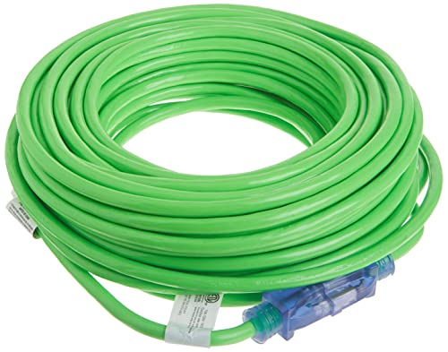 Prime Wire & Cable CCNS512835 | High Visibility | Outdoor Extension Cord | 100 Foot 30.5m | 12/3 SJTW 15A 120V 1875 Watts AC | Power Indicator Light | Flexible to -40 Celcius | Neon Green