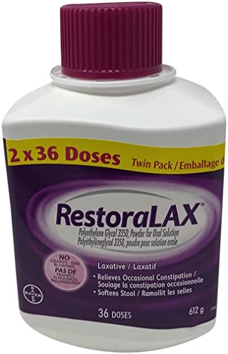 Bayer RestoraLAX Laxative 36 Doses 612g 2-pack Powder For Oral Solution No Taste No Grit, WHITE