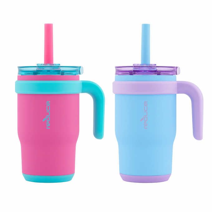 Reduce 14oz Coldee Tumbler with Handle for Kids Leakproof Insulated Stainless Steel Mug with Lid & Straw Keeps Drinks Cold up to 18 Hrs – BPA-Free and Spill Proof Chew-Resistant Straw 2 Pack