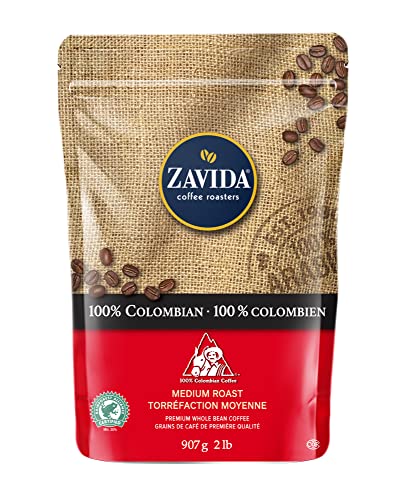 Zavida 100% Colombian Premium Whole Bean Flavoured / Flavored Coffee, Medium Roast, RFA 30%, Kosher, Halal, 100% Arabica, 2 Pound Bag