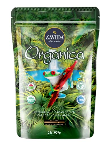 Zavida Organica Premium Whole Bean Flavoured / Flavored Coffee, Medium Dark Roast, RFA 100%, Kosher, Halal, Organic, 100% Arabica, 2 Pound Bag
