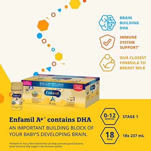 Enfamil A+, Baby Formula, Ready to Feed Bottles, DHA (a type of Omega-3 fat) to help support brain development, Age 0-12 months, 237ml x 18 count