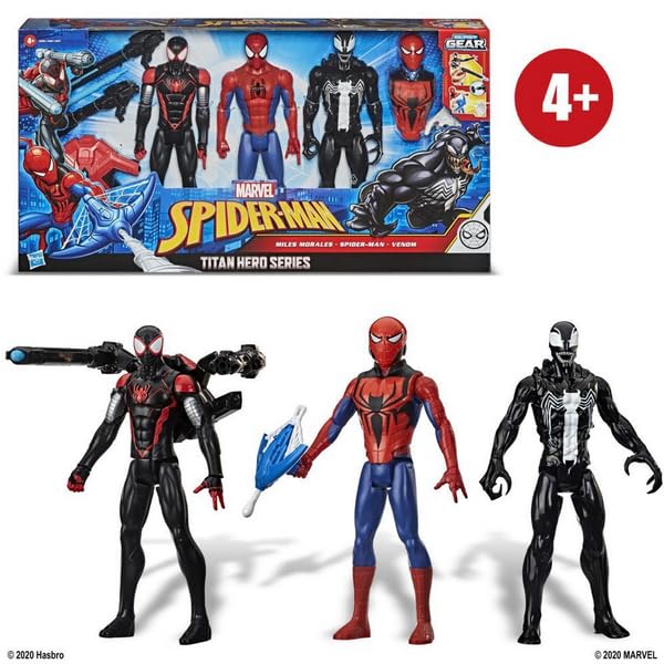 Marvel Spideman Titan Hero Series 3-Figure Pack - Features Miles Morales, Spiderman & Venom with Blast Gear, Ages 4 and Up