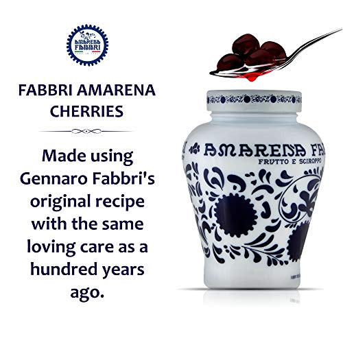 Fabbri Amarena Cherries from Italy Candied in Rich Amarena Syrup - Italian Specialty Stemless Stoned Dark Black Wild Cherries for Sweet and Savory Dishes, Cheeses, Desserts, and Cocktails