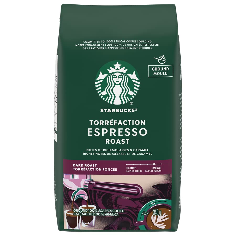 Starbucks Espresso Roast Ground Coffee 340 Grams (pack of 6), Espresso Dark Roast, 6 Count