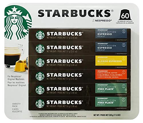 Starbucks by Nespresso, Favorites Variety Pack (60-count single serve capsules, 10 of each flavor, compatible with Nespresso Original Line System), 20 Espresso, 10 Blond Espresso, 10 Columbia, 20 Pike Place