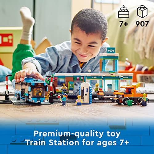 LEGO City Train Station Set 60335 with Toy Bus for Kids, Rail Truck, Tracks and Road Plate Level Crossing, Compatible with City Sets