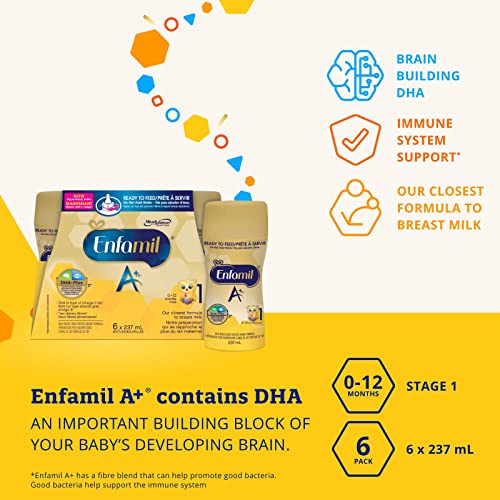 Enfamil A+, Baby Formula, Ready to Feed Bottles, DHA (a type of Omega-3 fat) to help support brain development, Age 0-12 months, 237ml x 6 count