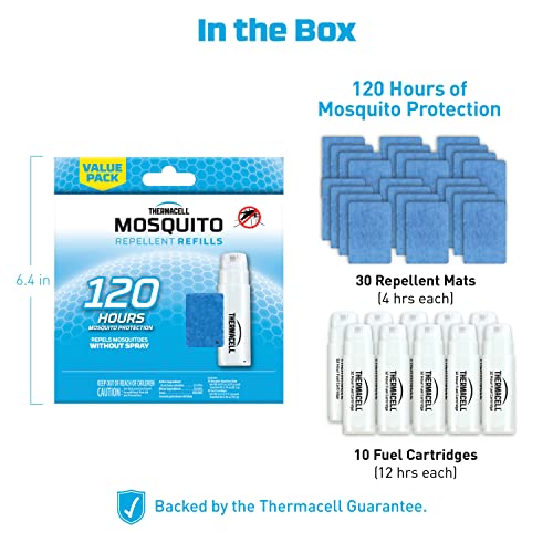 Thermacell Mosquito Repellent 120-Hour Refill; Includes 10 Fuel Cartridges & 30 Repellent Mats; Compatible with Fuel-Powered Thermacell Repellers; No Odour, DEET-Free Bug Spray Alternative