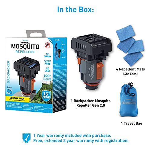 Thermacell Backpacker Mosquito Repeller, Gen 1.0; Protects 15’ Zone When Attached to Camp Fuel Canister; Includes Water-Resistant Bag and 3 Repellent Mats for 12 Hours of Relief; DEET-Free; 4 oz.