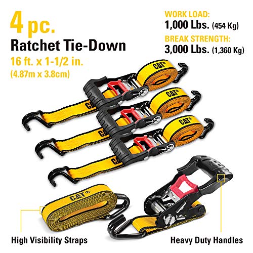 Cat 4 Piece Ratchet Tie Down Set with Soft Hooks - 16 Feet x 1-1/2 Inches (1000/3000) - 980076E