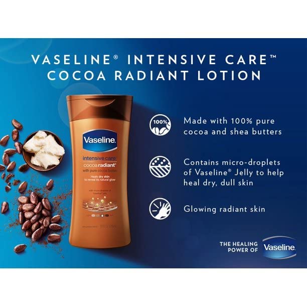 Vaseline Intensive Care Body Lotion - Cocoa Radiant - With Pure Cocoa Butter - Net Wt. 10 FL OZ (295 mL) Each - Pack of 3